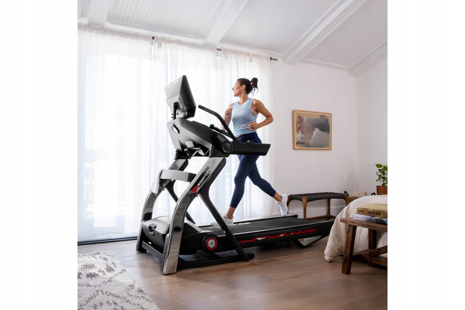 BOWFLEX ELECTRIC TREADMILL T56 Additional features Bluetooth speakers keyboard shortcuts safety key transport wheels place for water bottle place for mobile phone/tablet foldable training programs tilt angle adjustment touch sensors USB port mobile device compatibility display
