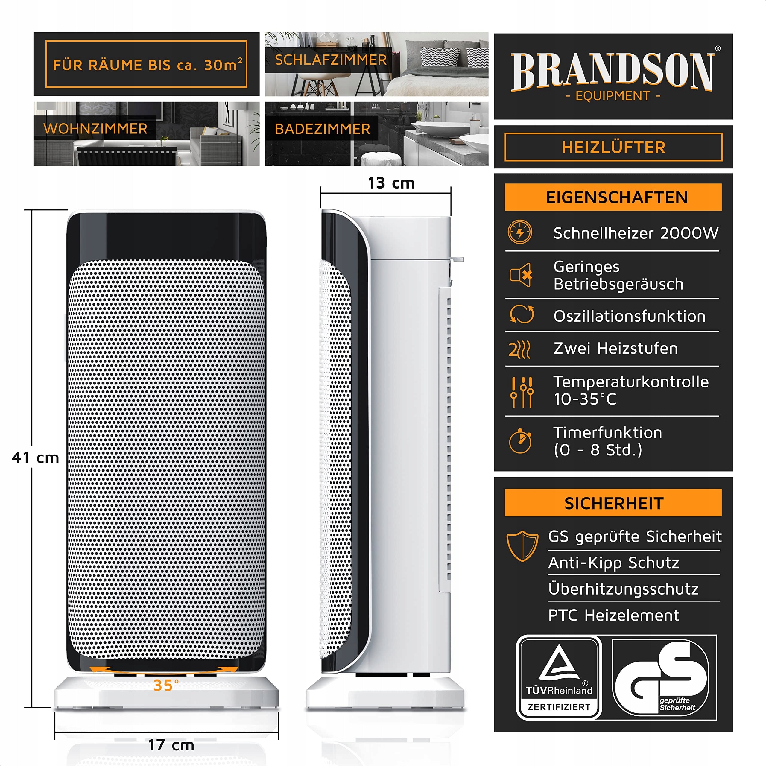 BRANDSON Ceramic Remote Control Heat Fan Economical Quiet For Bathroom Heating power 2000 W