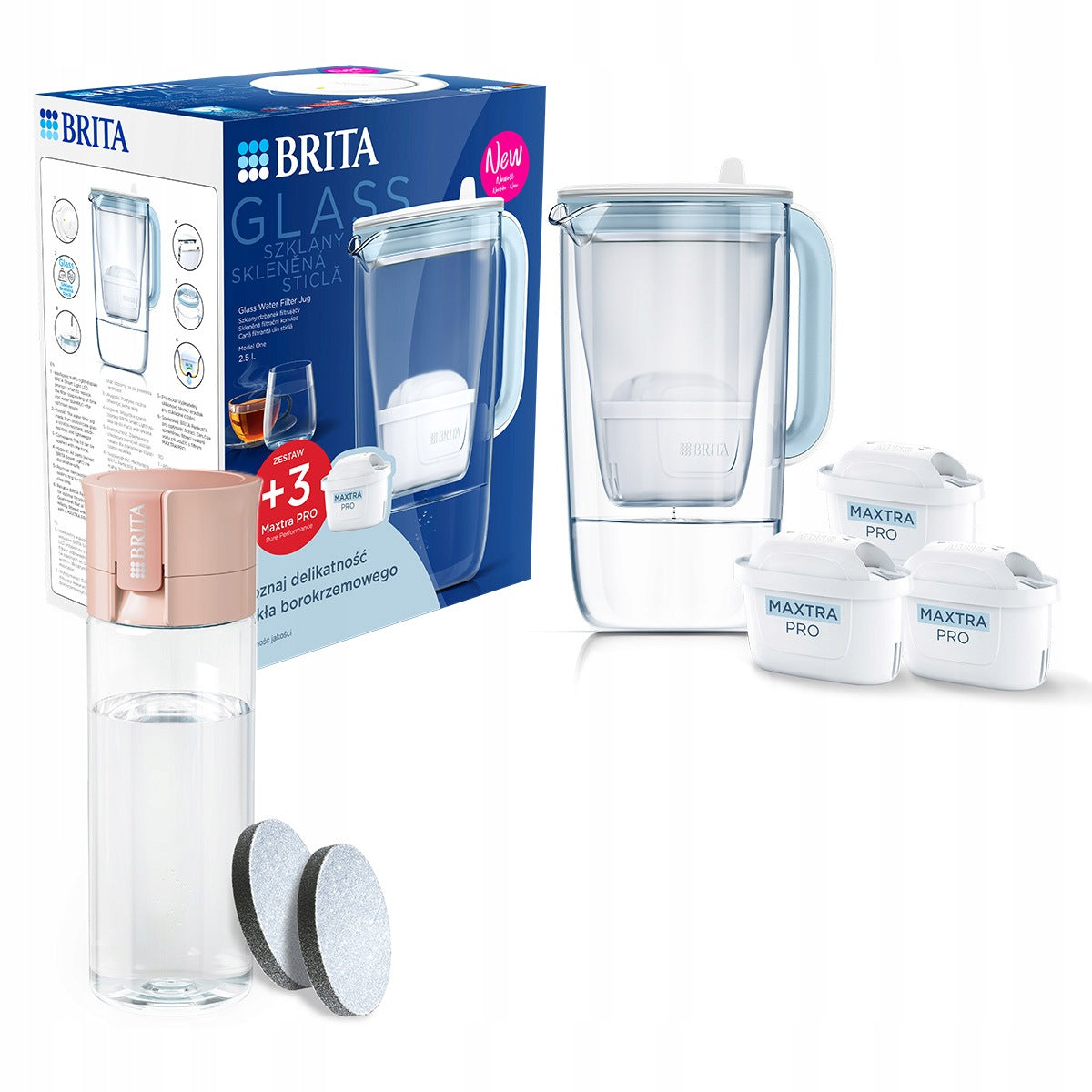 BRITA Glass filter jug GLASS + 3 cartridges, Vital filter bottle