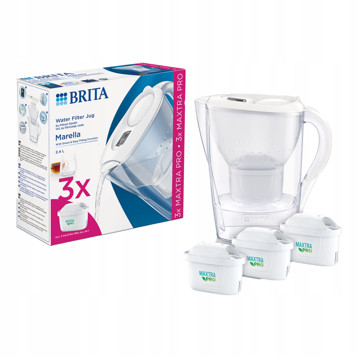 BRITA Marella Cool White Water Filter Jug, 2,4 L + 3 Filters