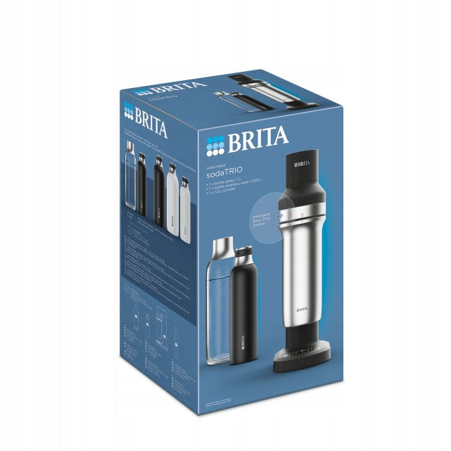 BRITA black sodaTRIO water saturator, cartridge, glass bottle and insulated