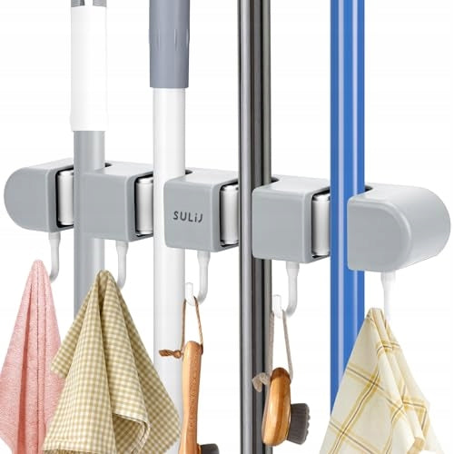 BROOM HANGER MOPY SELF ADHESIVE GREY 4 HANDLES 5 HOOKS METAL Brand no brand