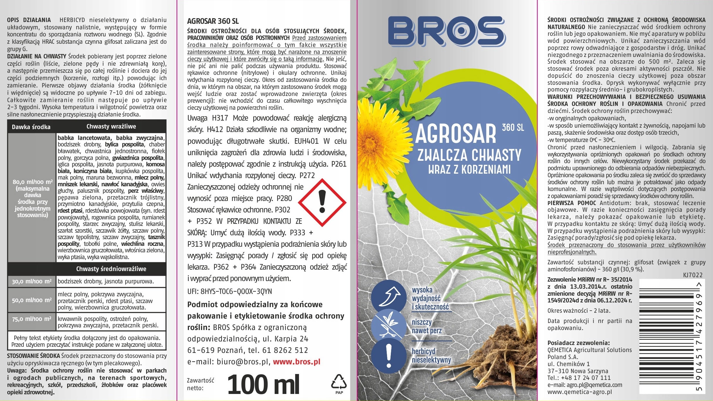 BROS Agrosar 360 SL fights weeds with roots 100 ml Packaging status original