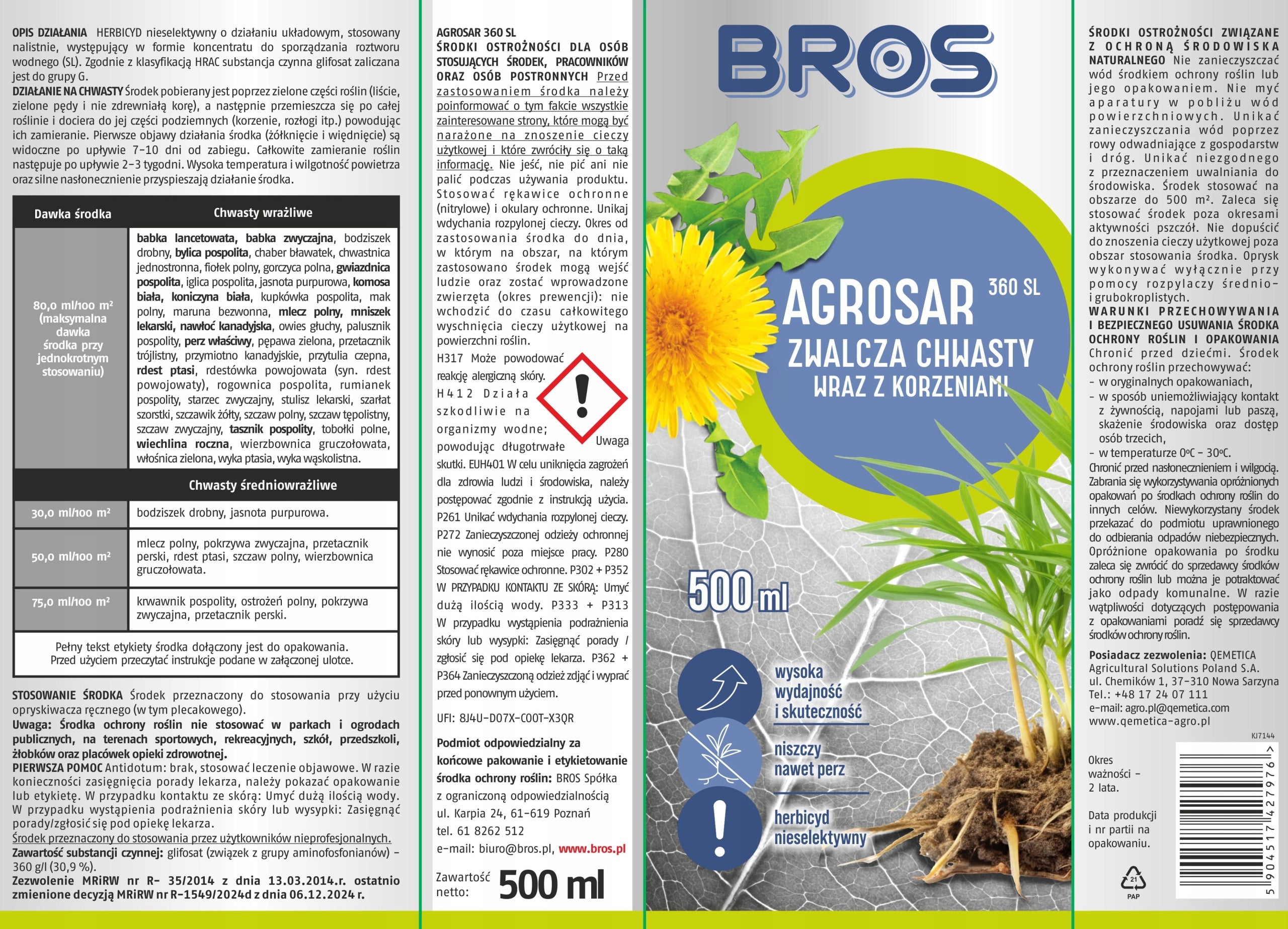 BROS Agrosar 360 SL fights weeds with roots 500 ml Packaging status original