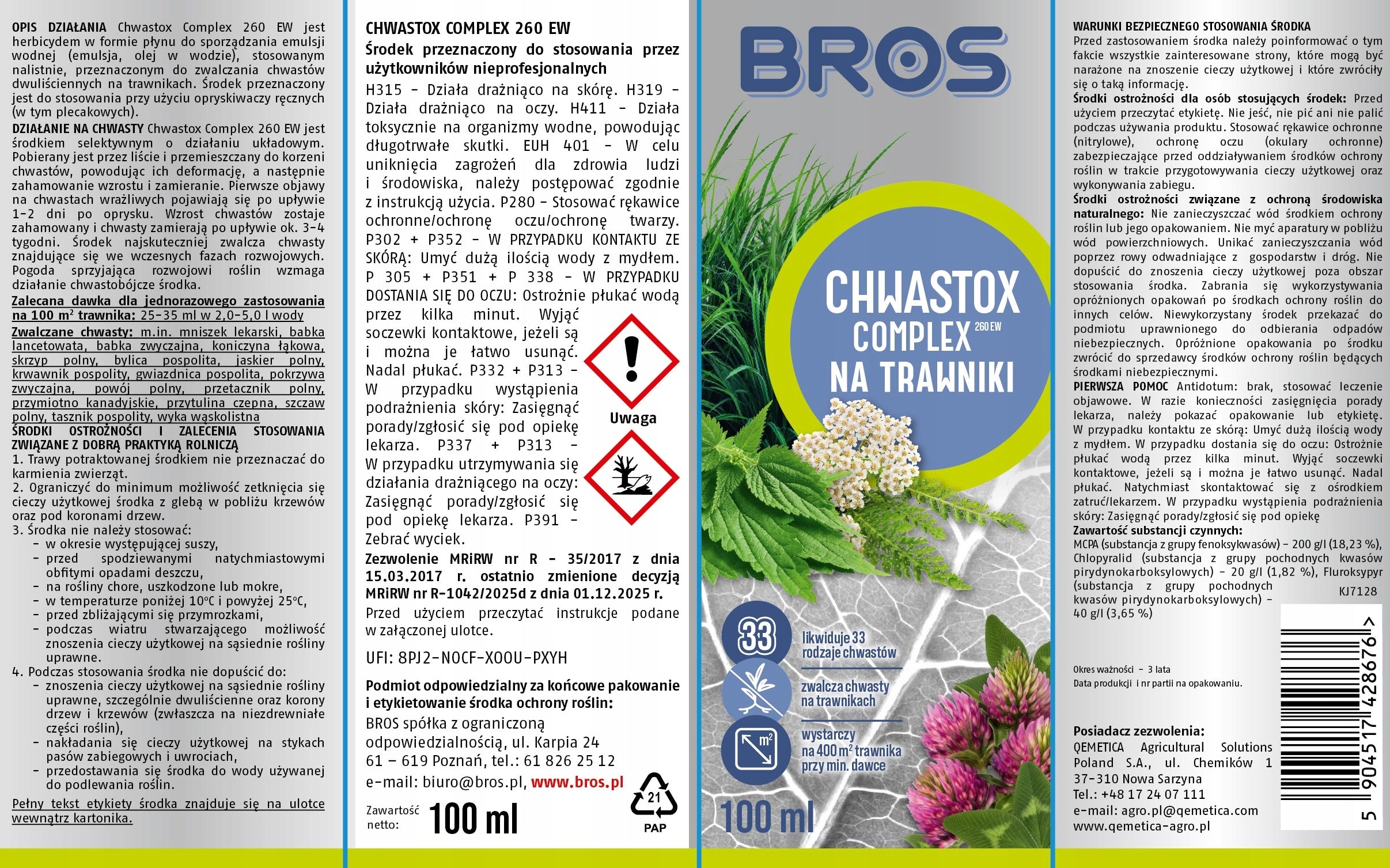 BROS Chwastox complex 260 EW, fights weeds on lawn 100 ml Packaging status original