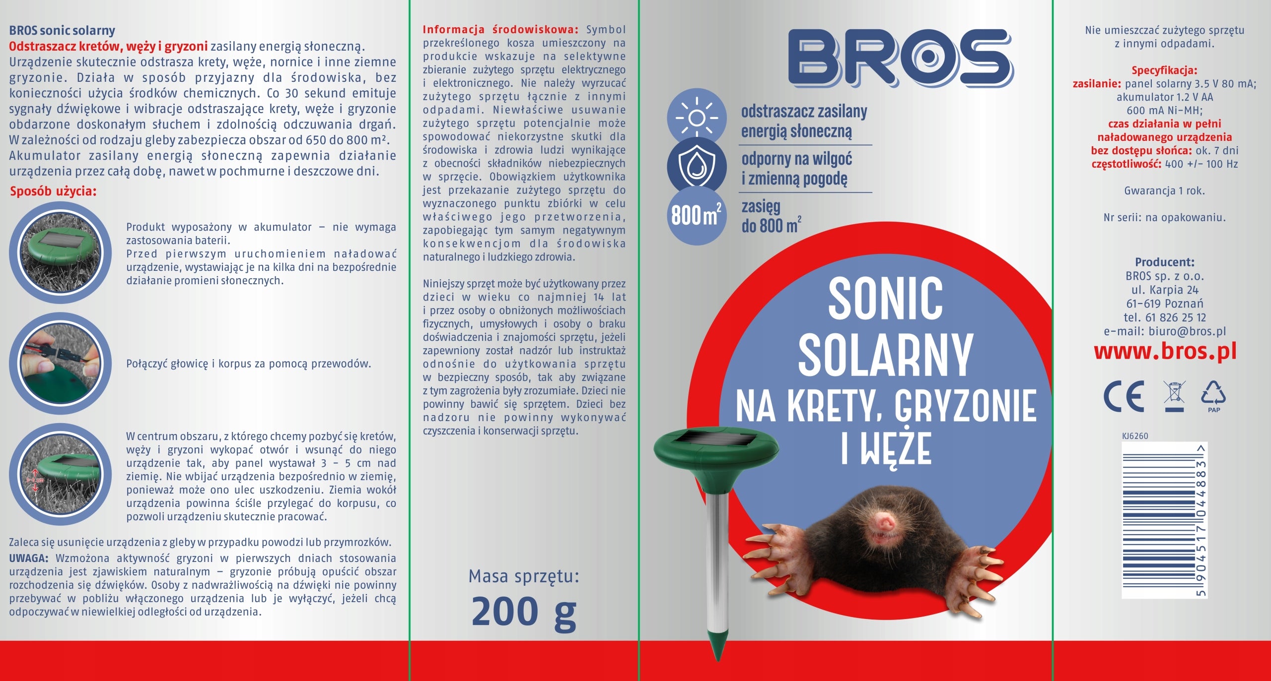 BROS SOLAR SONIC for moles, voles, rodents and snakes, range up to 800 m² Manufacturer code 419