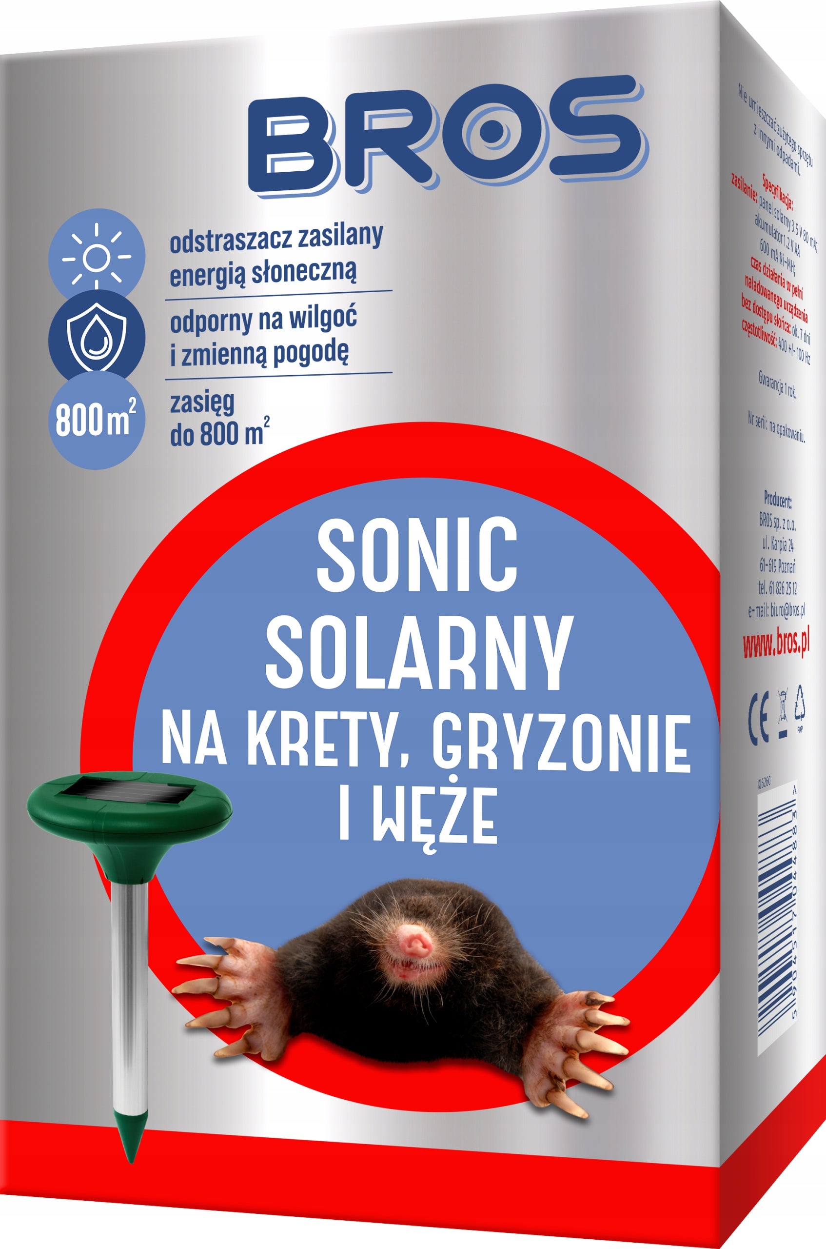 BROS SOLAR SONIC for moles, voles, rodents and snakes, range up to 800 m²