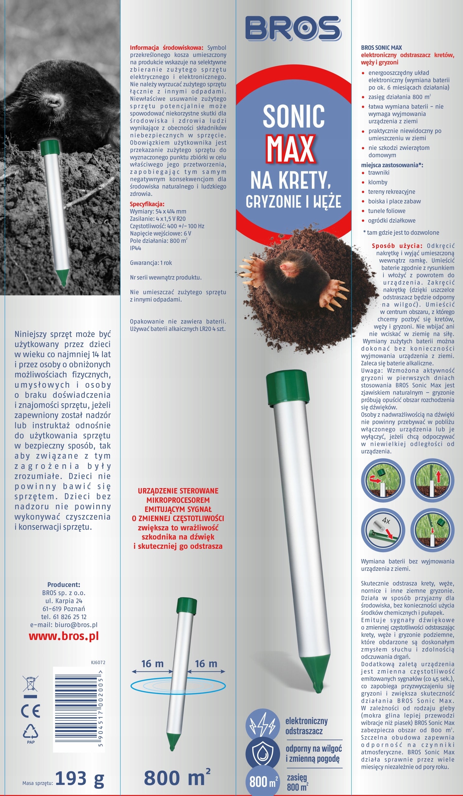 BROS Sonic MAX for moles, rodents and snakes, repellent against moles Packaging status original