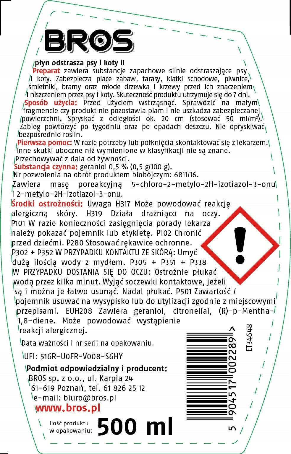 BROS liquid repels dogs and cats 500ml - 2 PACK Kind liquid