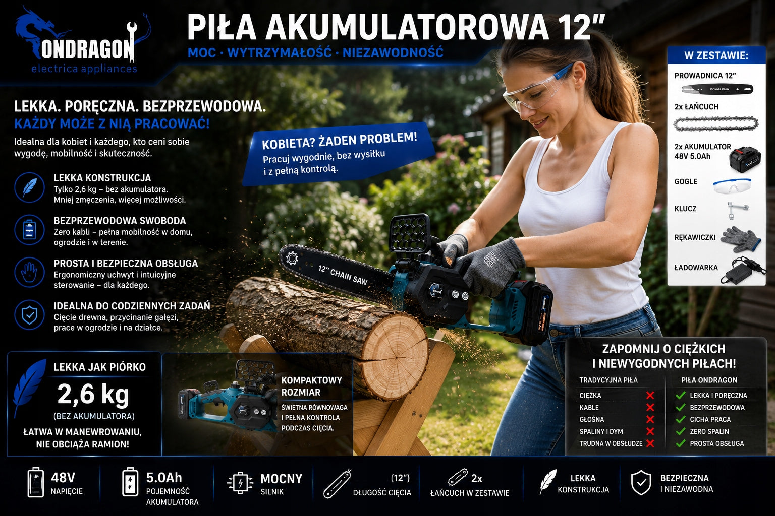 BRUSHLESS CHAINSAW CORDLESS SAW 12" 48V 2x AKU PRO Power supply rechargeable battery