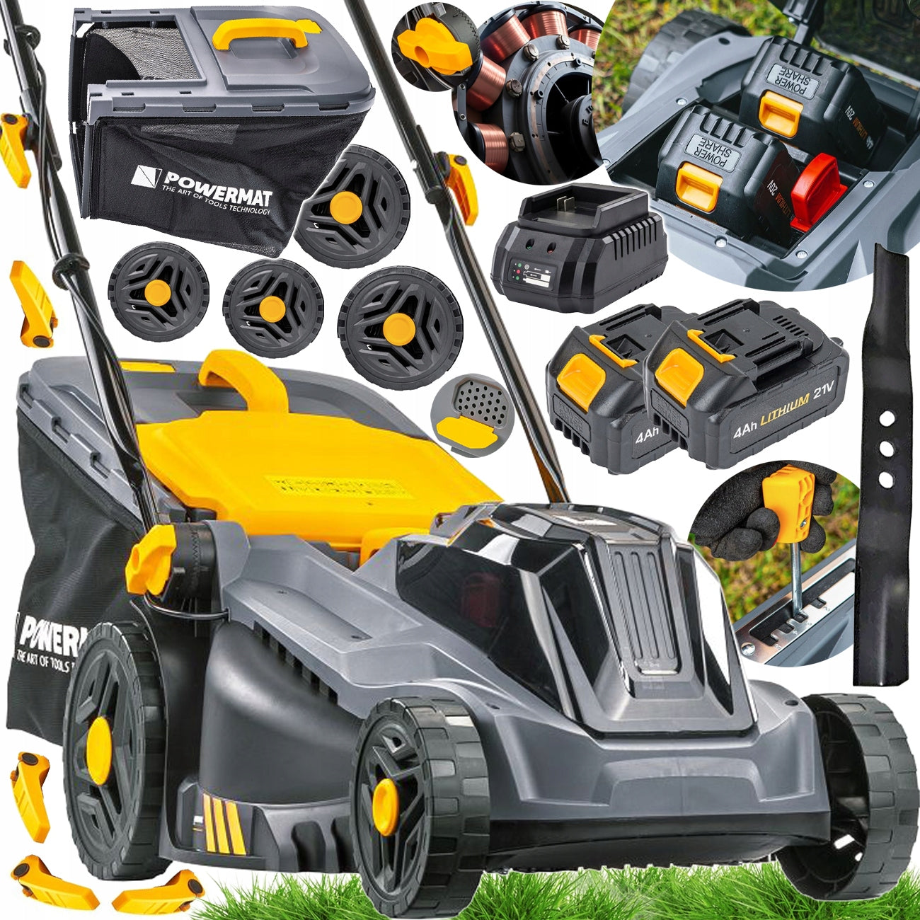 BRUSHLESS CORDLESS ELECTRIC MOWER 2 x AKU 4Ah BASKET 42L 38CM