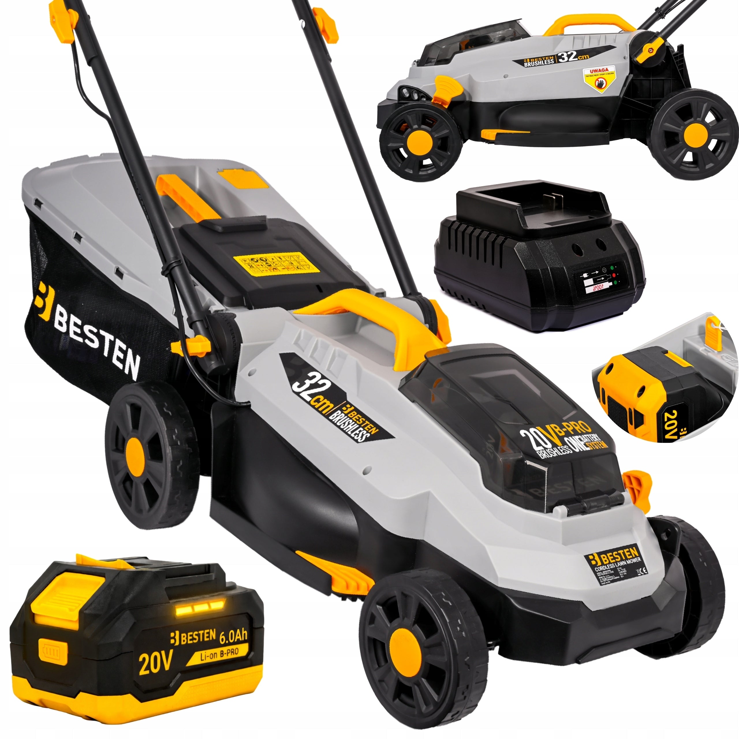 BRUSHLESS CORDLESS MOWER 32CM FOR GRASS 35L AKU 6AH STRONG BESTEN