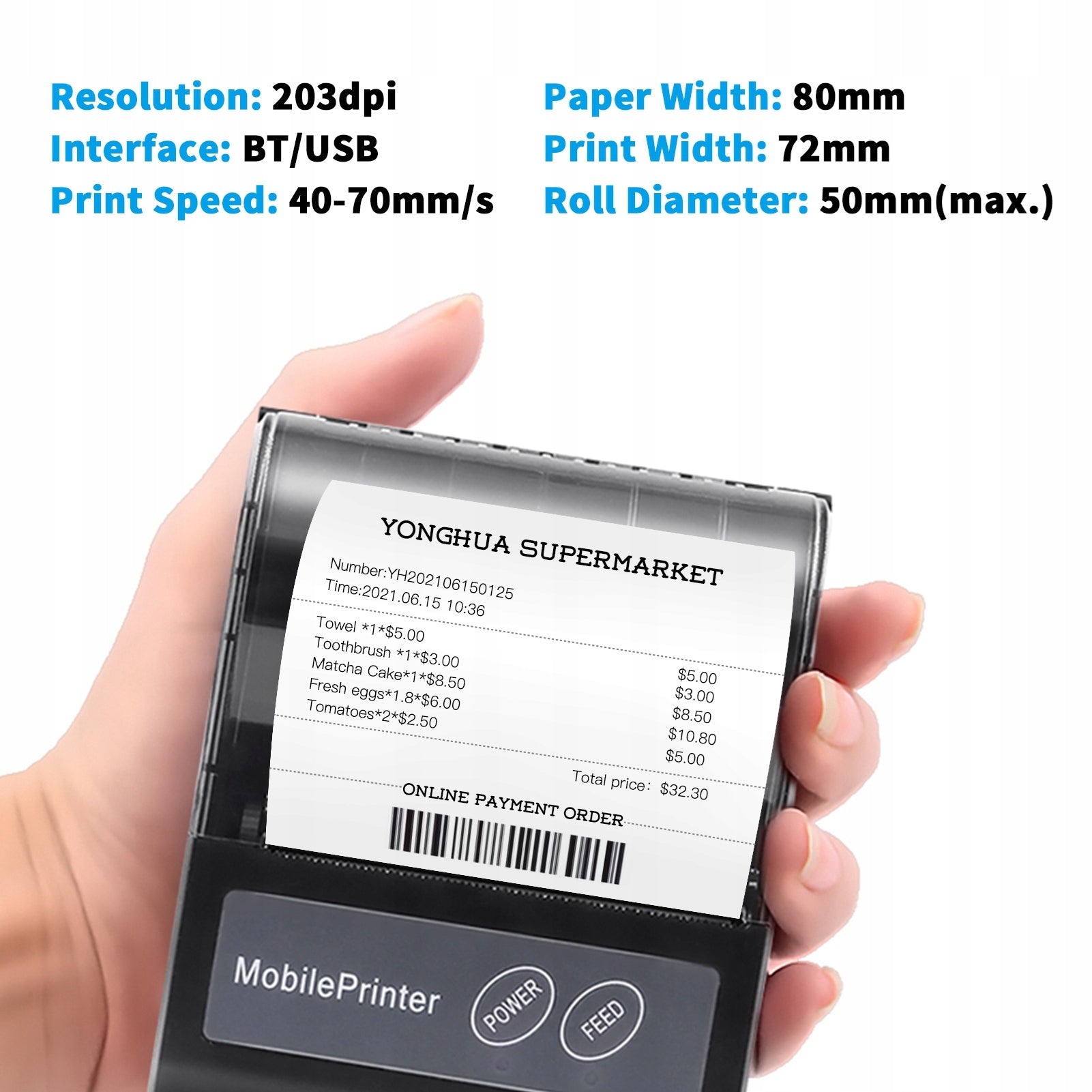 BT 80mm Portable Thermal Receipt Printer Portable RW Printer Printing technology other