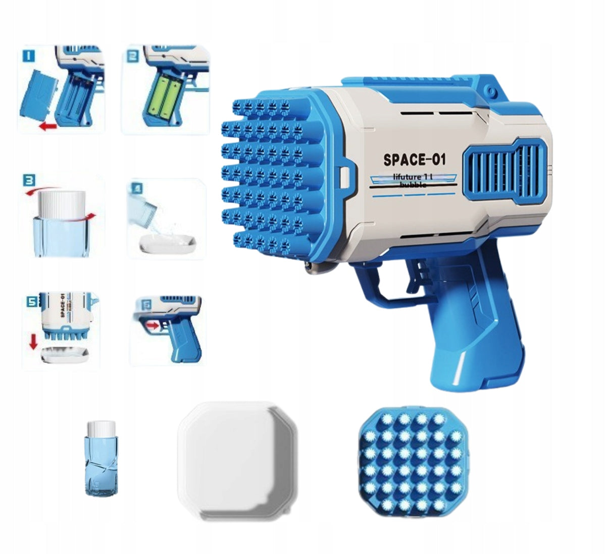 BUBBLE GUN 32 Holes BUBBLE MACHINE BATTERY OPERATED + LIQUID blue Manufacturer code PISTOLET DO BANIEK AUTOMAT NA BAŃKI KUROMI