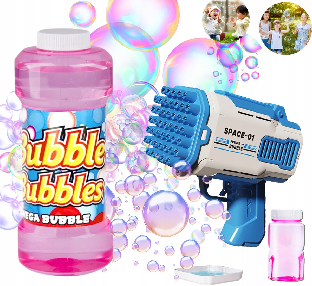 BUBBLE GUN 32 Holes BUBBLE MACHINE BATTERY OPERATED + LIQUID blue