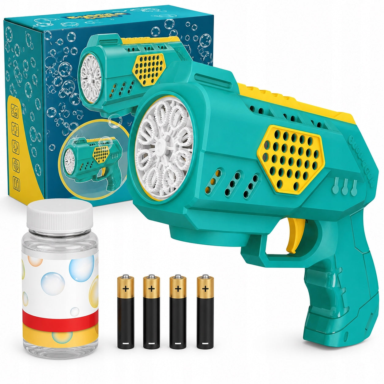 BUBBLE GUN + 4PCS BATTERY+ LIQUID GREEN BUBBLE MACHINE BATTERY OPERATED Packaging status original