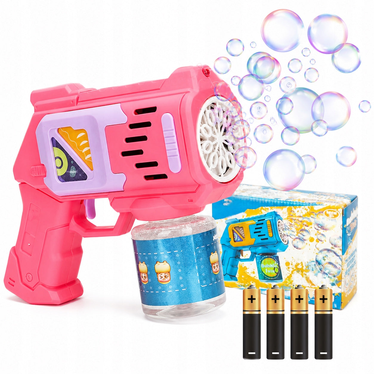 BUBBLE GUN + 4pcs BATTERIES + LIQUID Pink BUBBLE MACHINE FOR BATTERIES