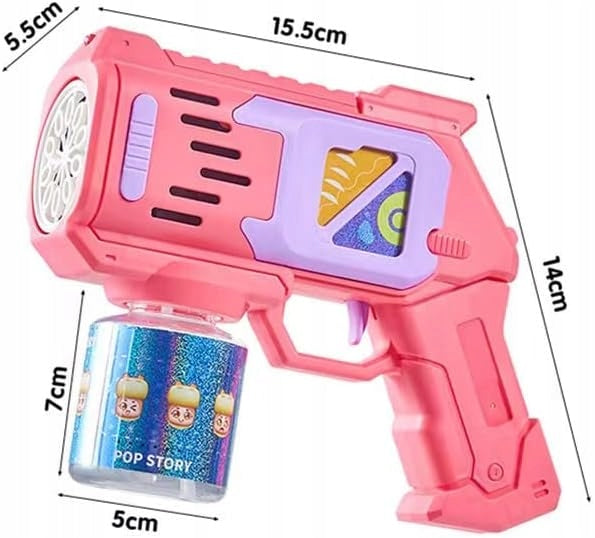 BUBBLE GUN BUBBLE MACHINE BATTERY OPERATED + LIQUID + 4pcs BATTERIES pink Product width 15.5 cm