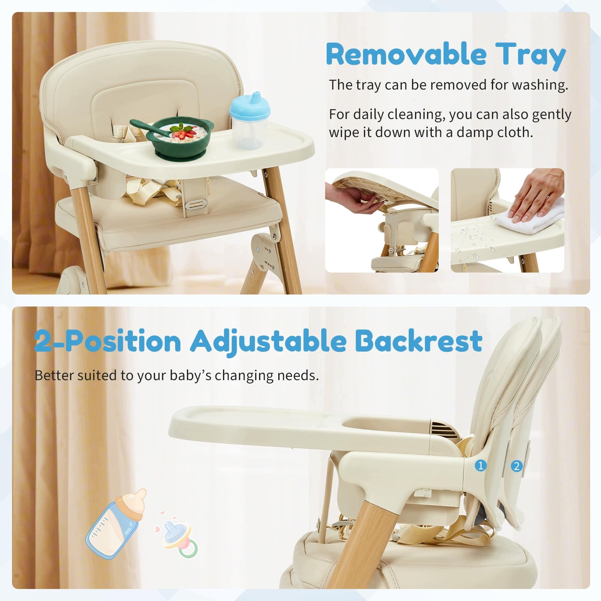 Baby High Chair, Foldable, Portable, Removable Tray, Adjustable Footrest Packaging status original