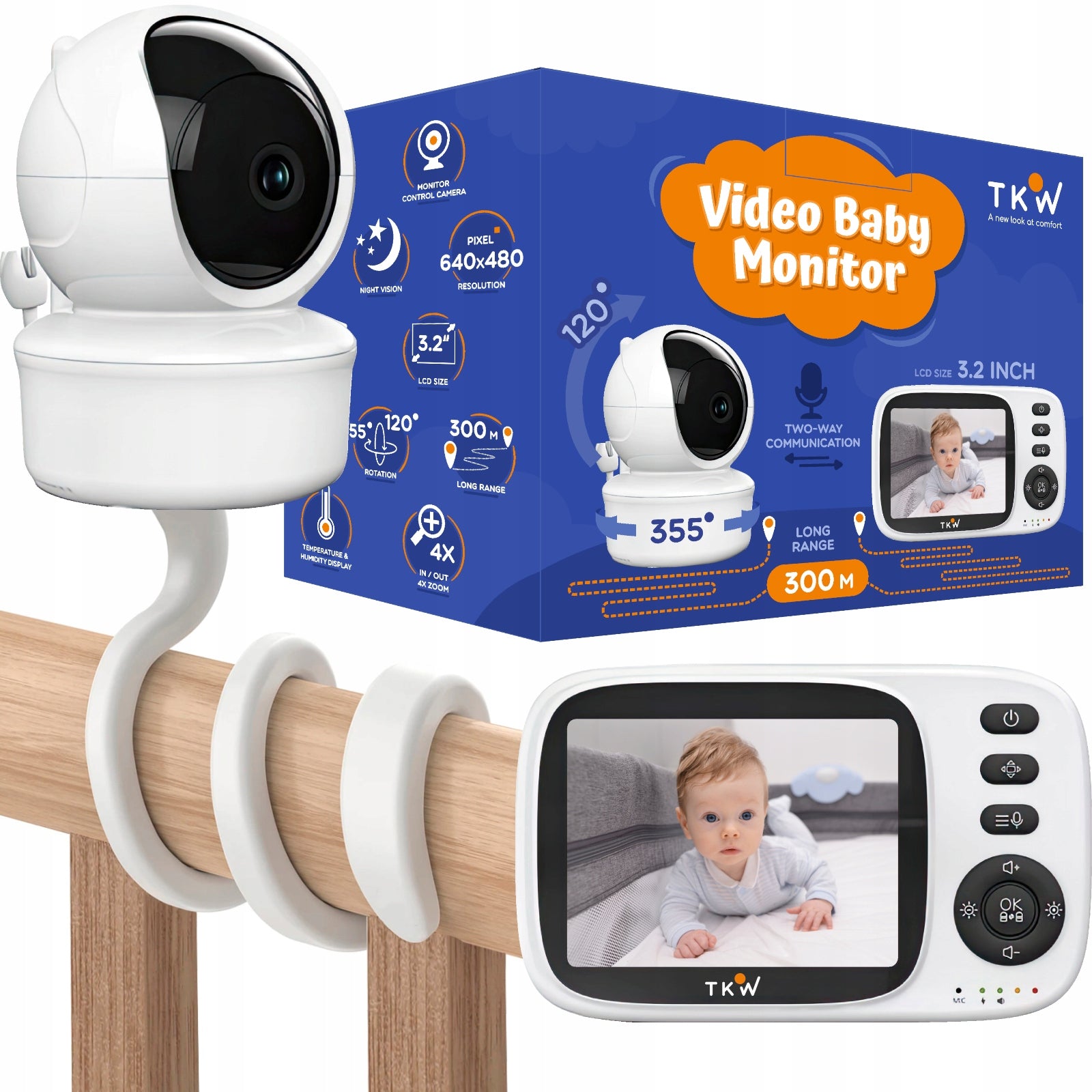 Baby Monitor with 3.2 Camera and 4x Zoom Monitor Night Mode 355° Rotation