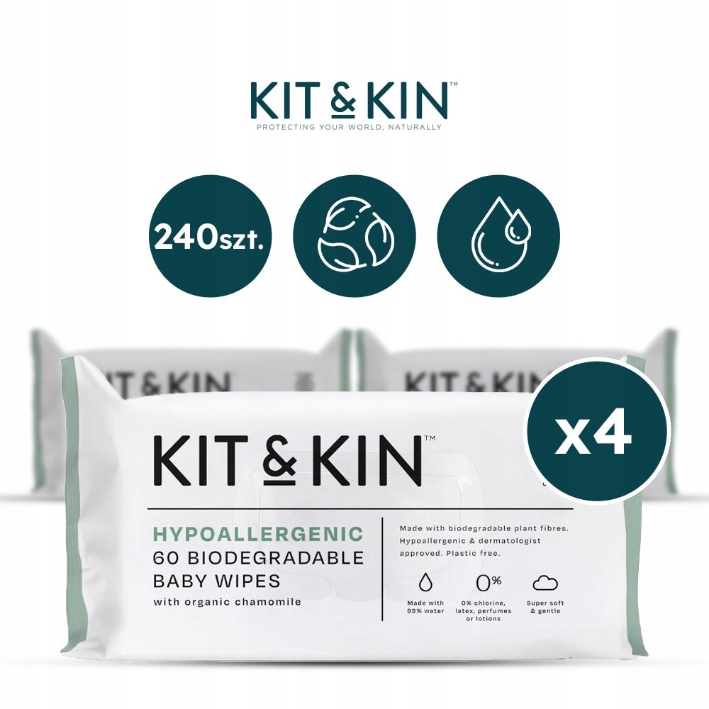 Baby Wipes 99% Water Hypoallergenic Kit&Kin, 4x60pcs Packaging status original