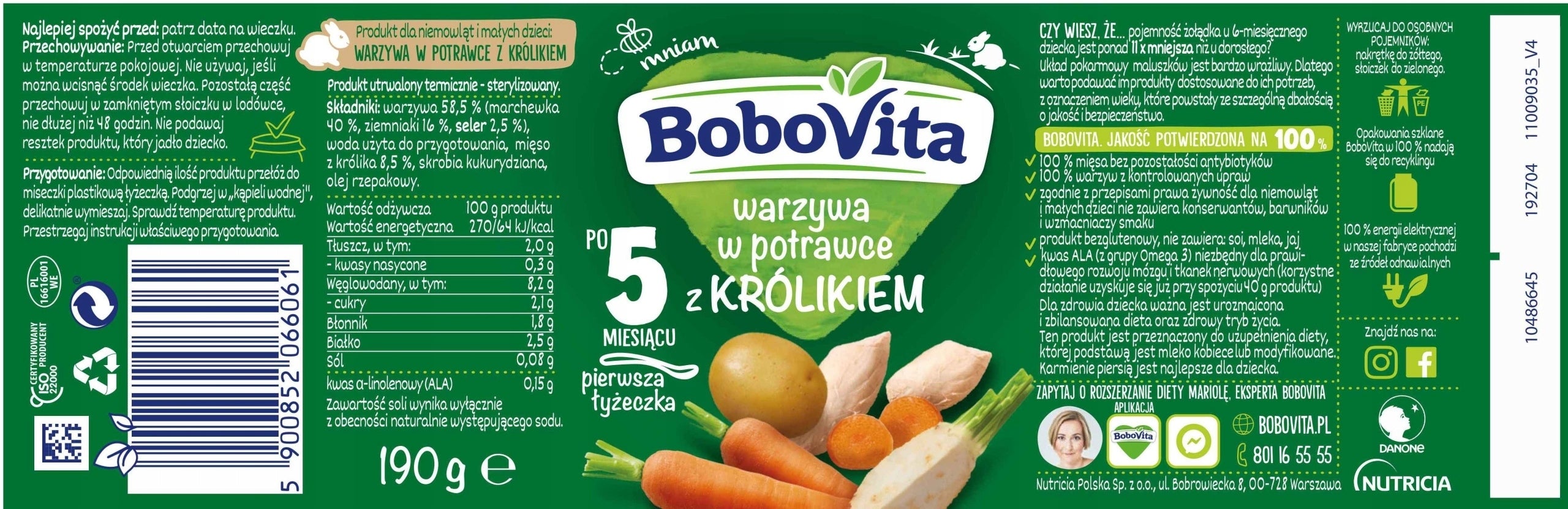 Baby lunch Bobovita Vegetables in stew with rabbit 5m+ 190g Brand Bobovita