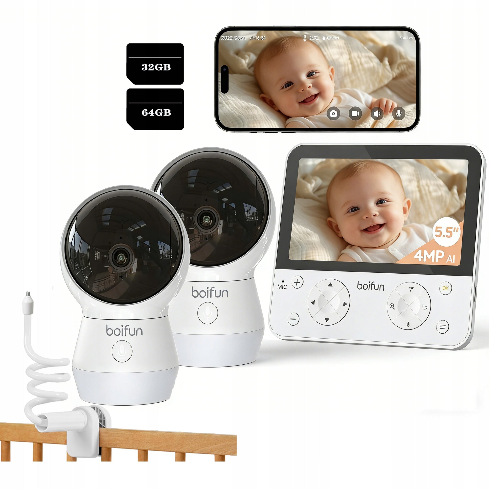 Baby monitor with split screen and 2 cameras with rotating handle