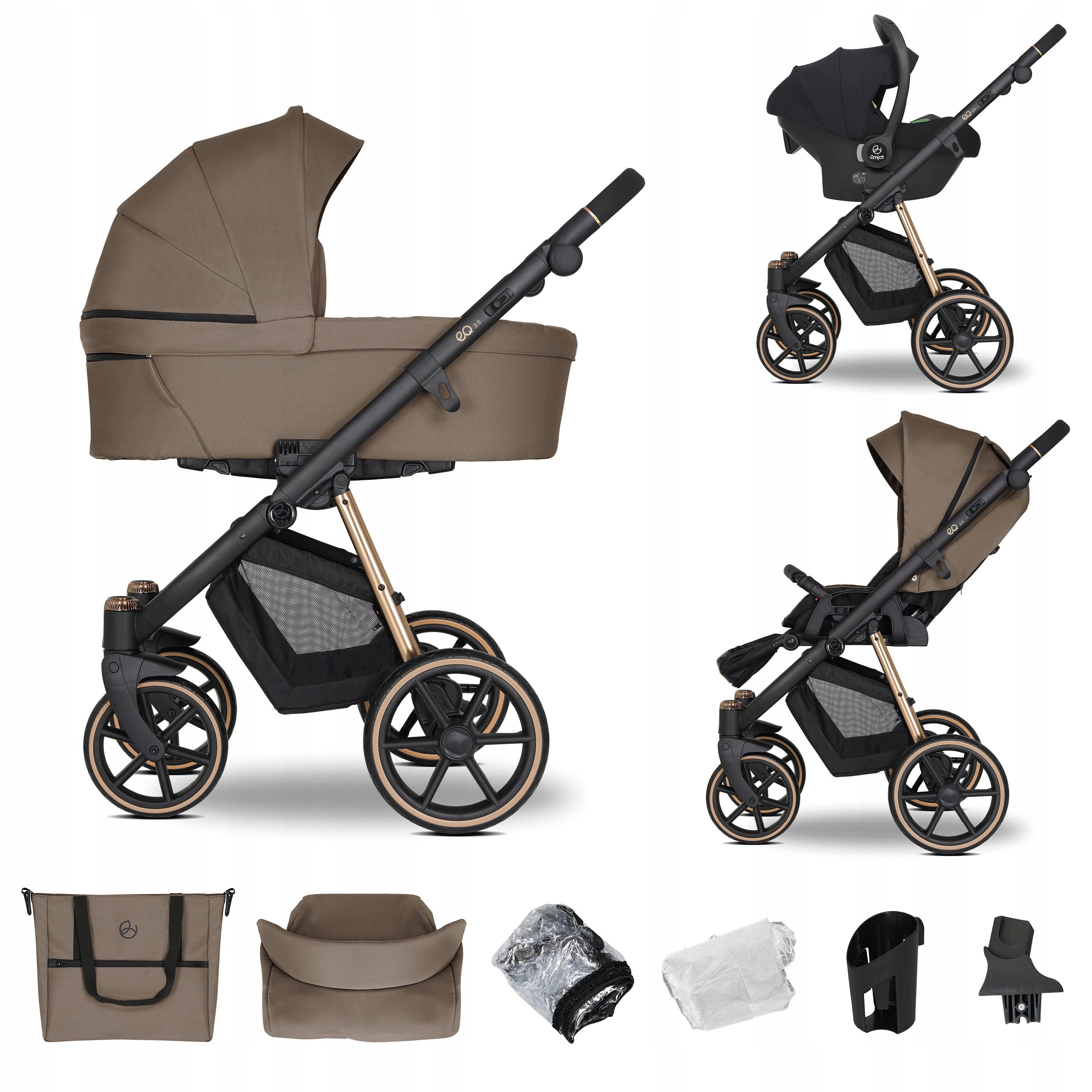 Baby stroller 3in1 EMJOT EQ 2.0 GOLD multifunctional c. beige access. F.Cosmo