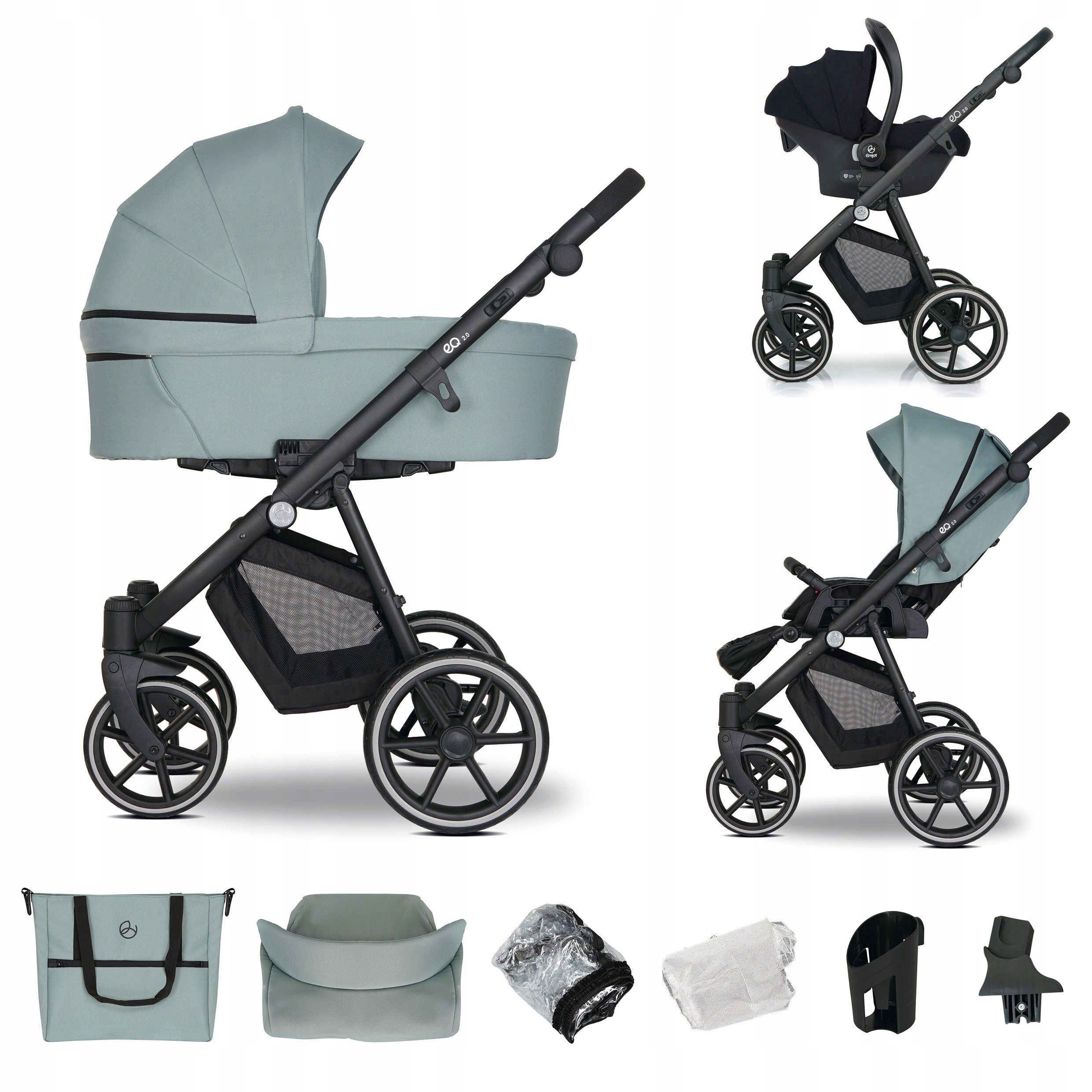 Baby stroller 3in1 EMJOT EQ 2.0 multifunctional f.Cosmo pistachio bag