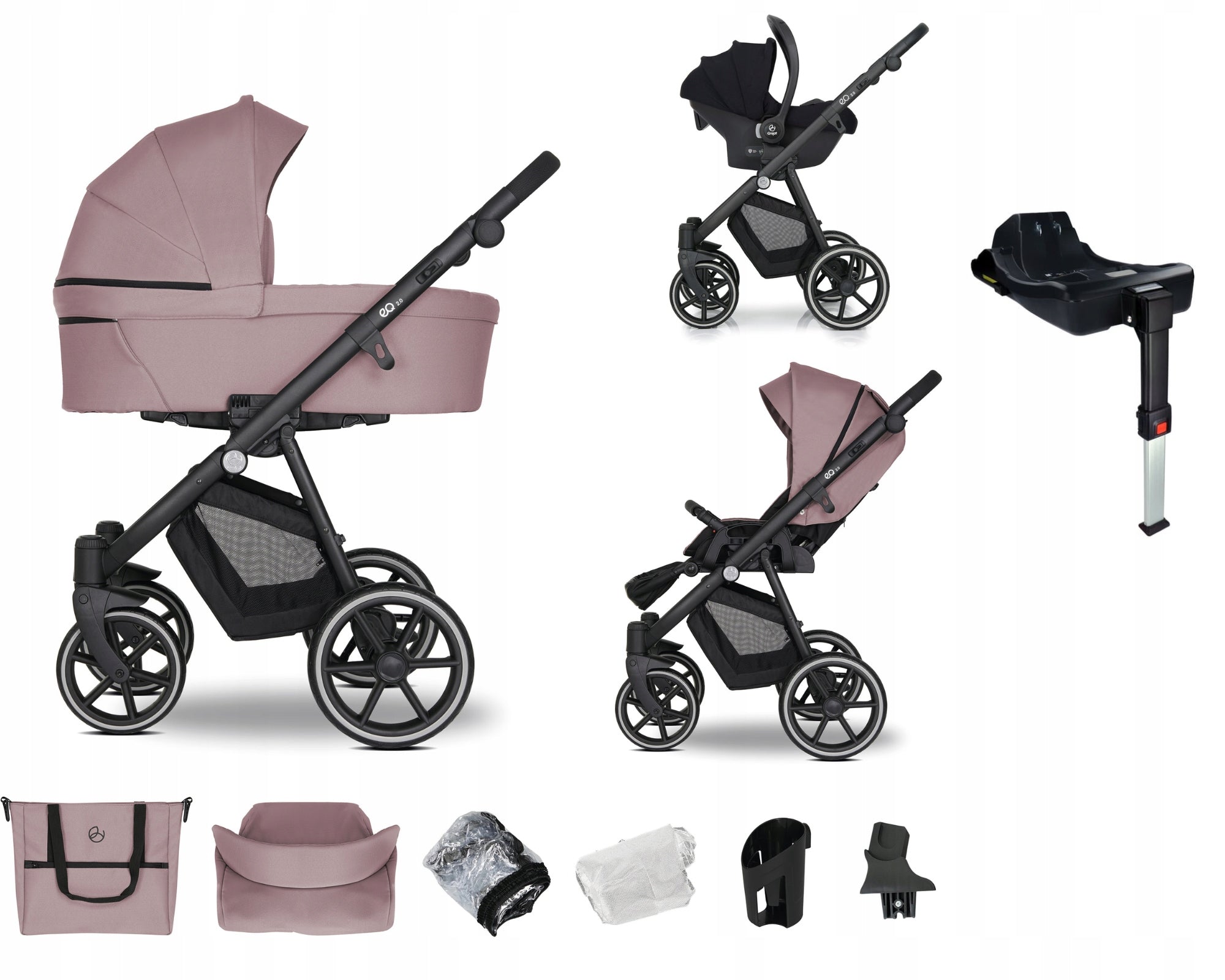 Baby stroller 4in1 EMJOT EQ 2.0 multifunctional pink f.Cosmo base isofix