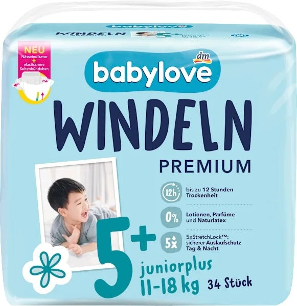 Babylove Premium Diapers Size. 5+ Junior Plus 11-18 kg 34 pcs. 12h Poland