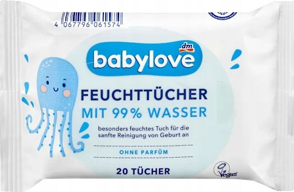 Babylove Wipes Moisturized 99% Water from Birth Mini Germany 20 pcs.