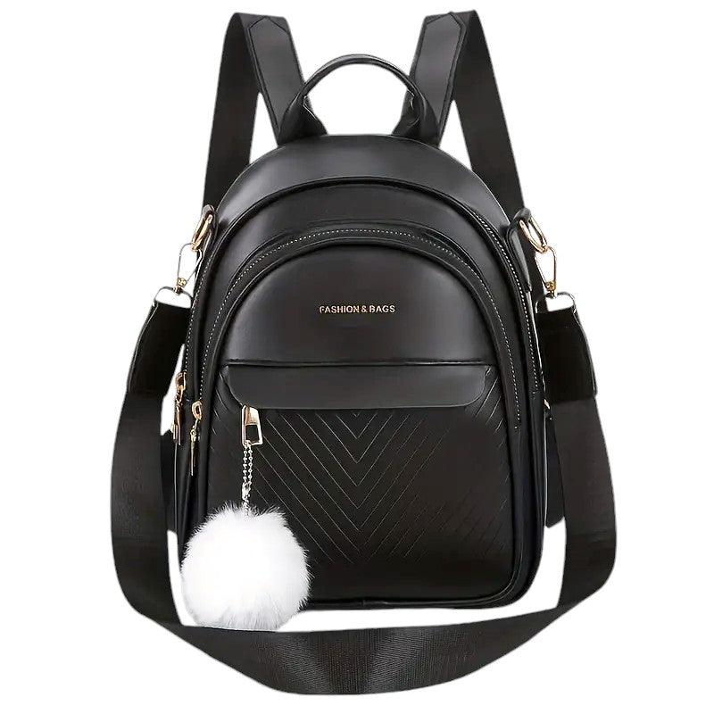 Backpack Bag 2in1 Women's Eco Leather Black Keychain Pompon White Gift