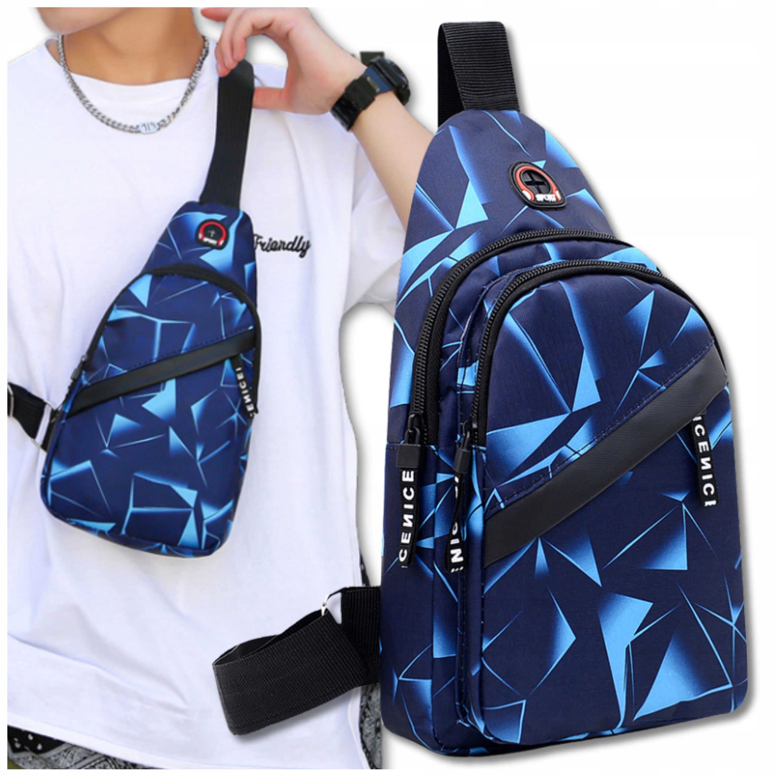 Backpack Bag Men's Shoulder Sachet Urban Sports Blue Zipper Lightweight