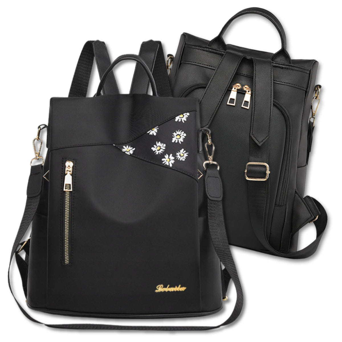 Backpack Black 2in1 Women's Flowers Backpack Bag Elegant Urban Shoulder Bag Packaging status original
