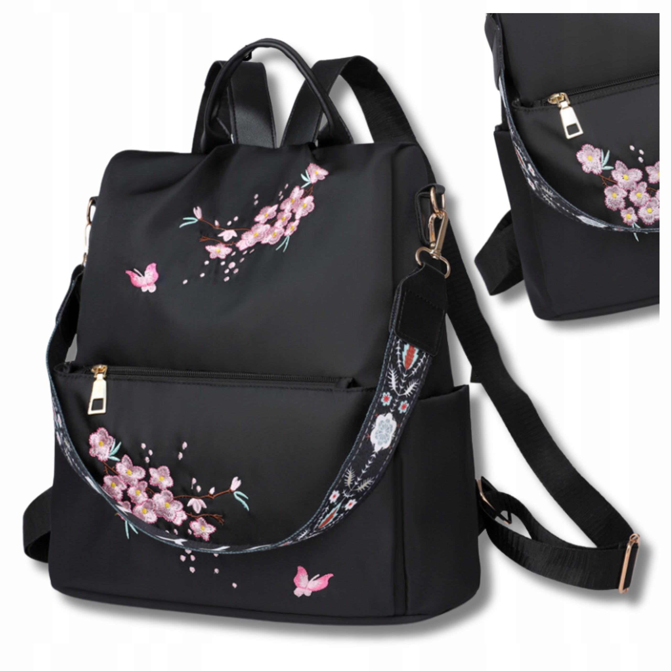 Backpack Black Spacious 2in1 Bag Waterproof School Tourist with Flowers Brand EdiBazzar