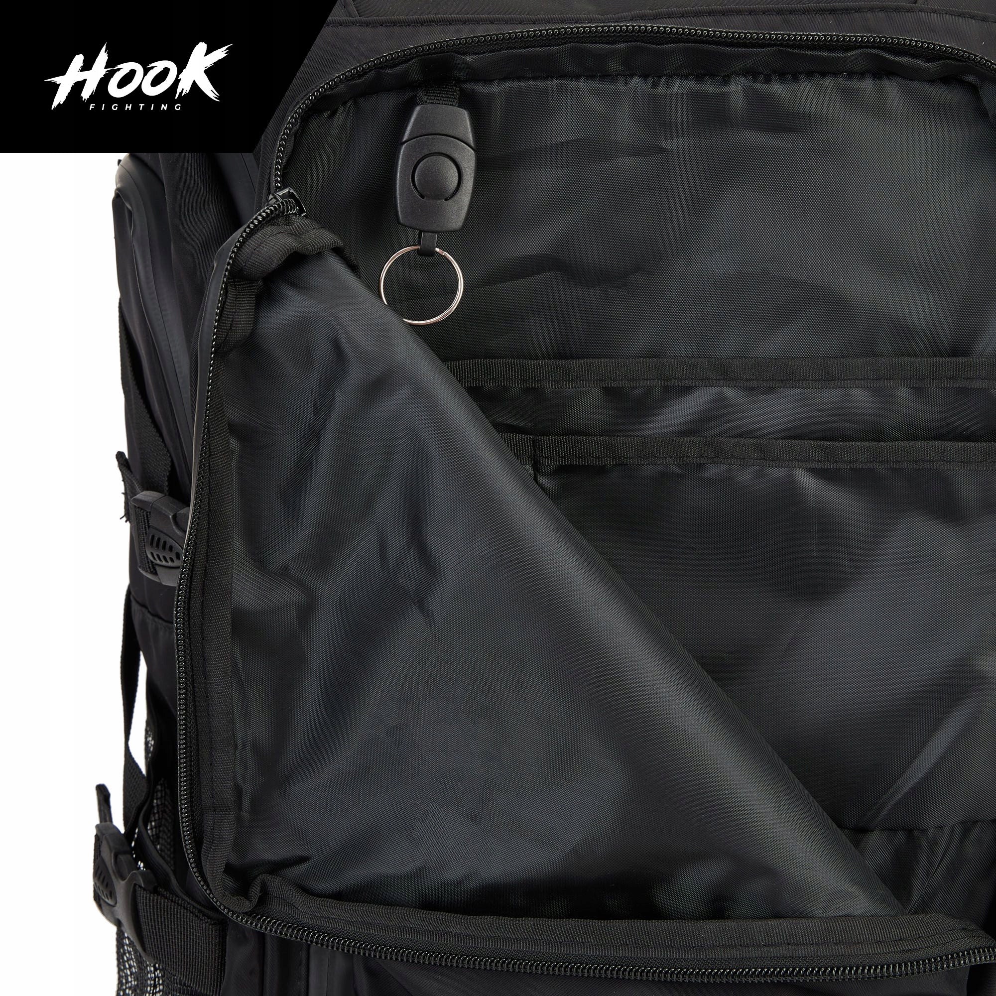 Backpack HOOK FIGHTING Competition 45/63 l black SPACIOUS SEPARATE POCKET Additional features double bottom adjustable support strap hardened bottom ventilated pocket water resistance