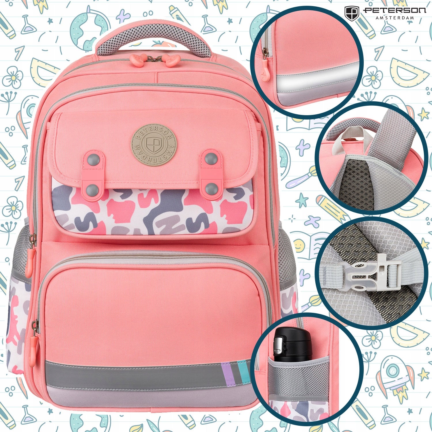 Backpack PETERSON school girls pink roomy with chest strap Brand Peterson