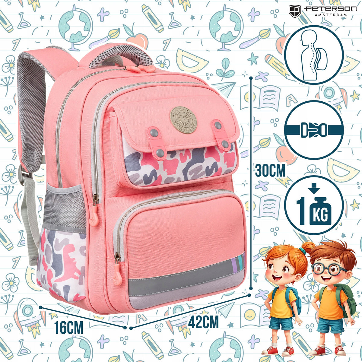 Backpack PETERSON school girls pink roomy with chest strap Packaging status original