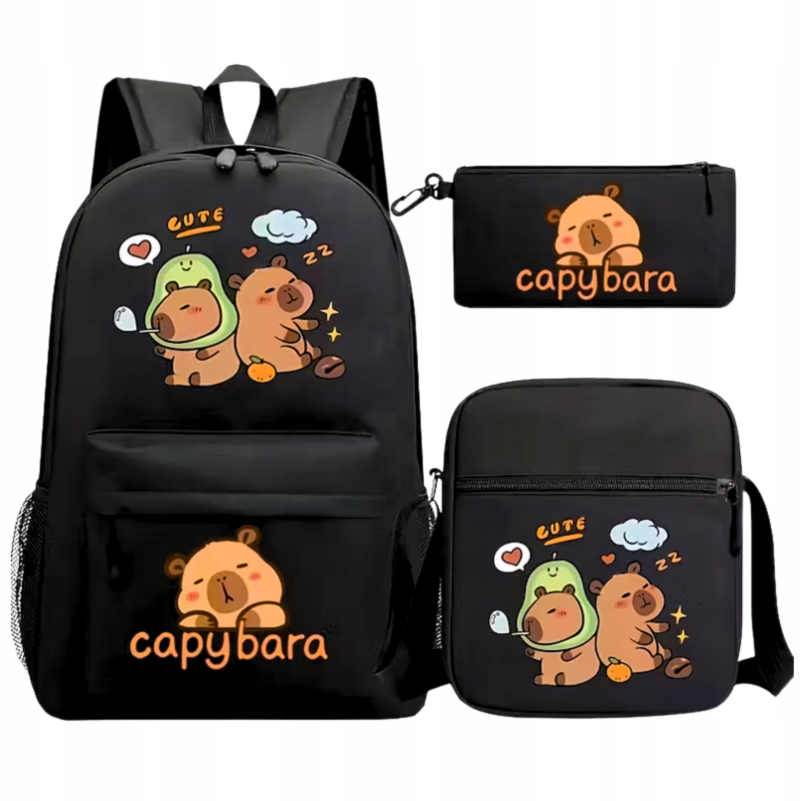 Backpack School Capybara Spacious Schoolbag Set 3in1 Pencil Case Bag