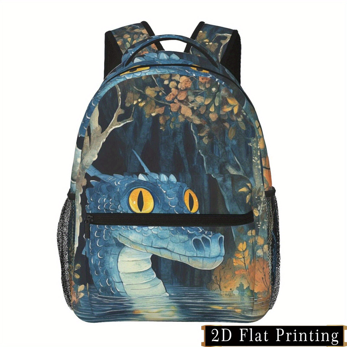 Backpack, Water Dragon Print, Large Capacity, Multi-Compartment, Adjustable Straps