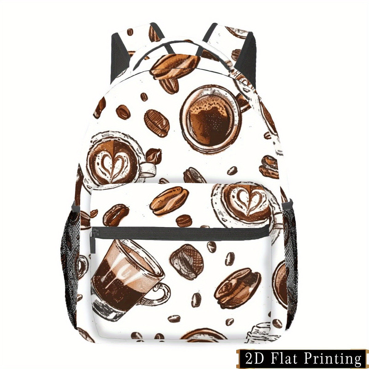 Backpack - White Coffee Bean Print, Adjustable Straps, Multiple Compartments