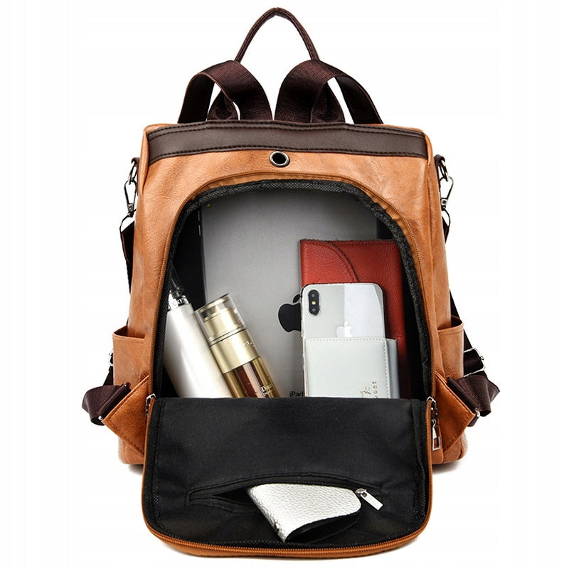 Backpack Women's Bag 2in1 Work Elegant Eco Leather BROWN Anti-Theft Brand Likado
