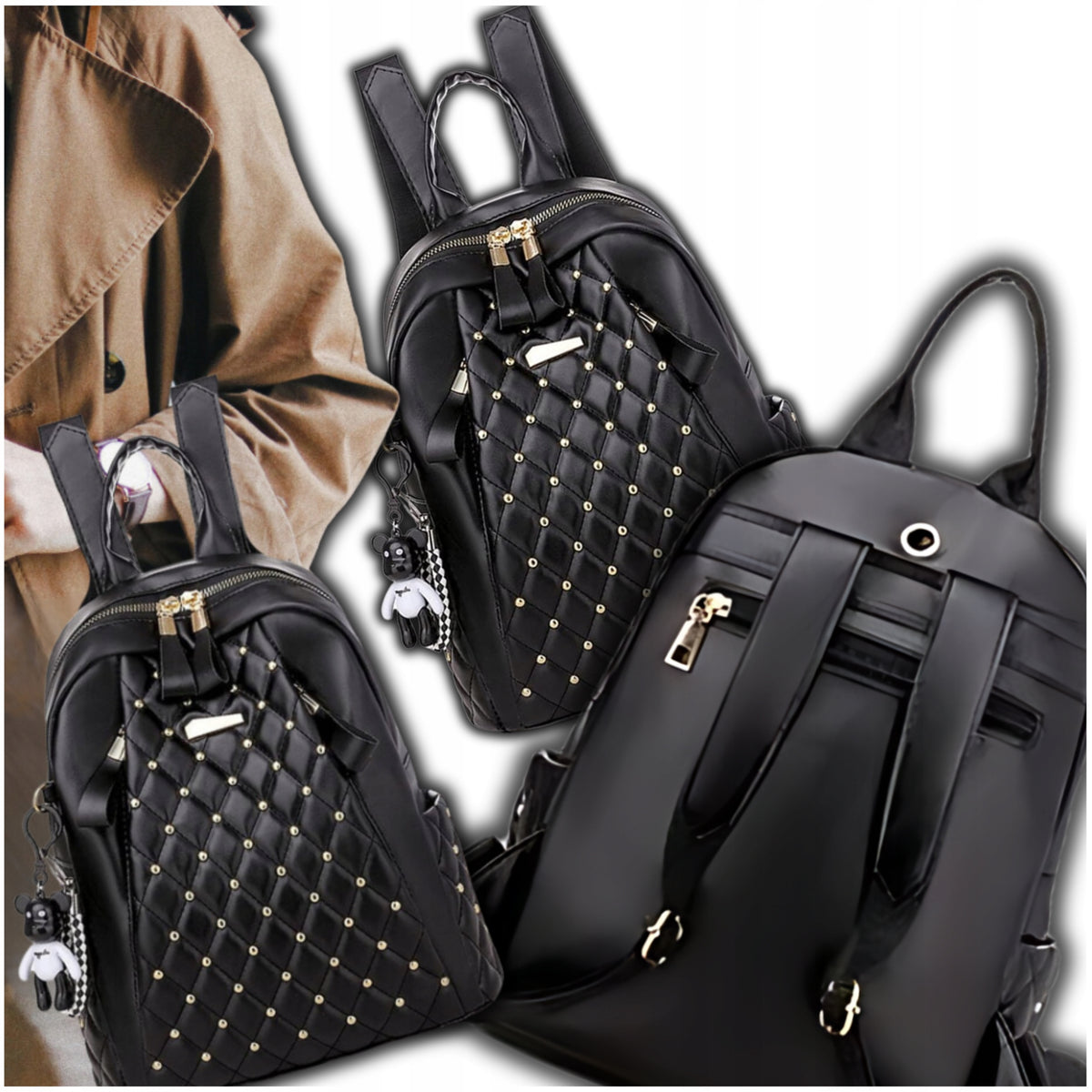 Backpack fashionable quilted women's school leather roomy black elegant