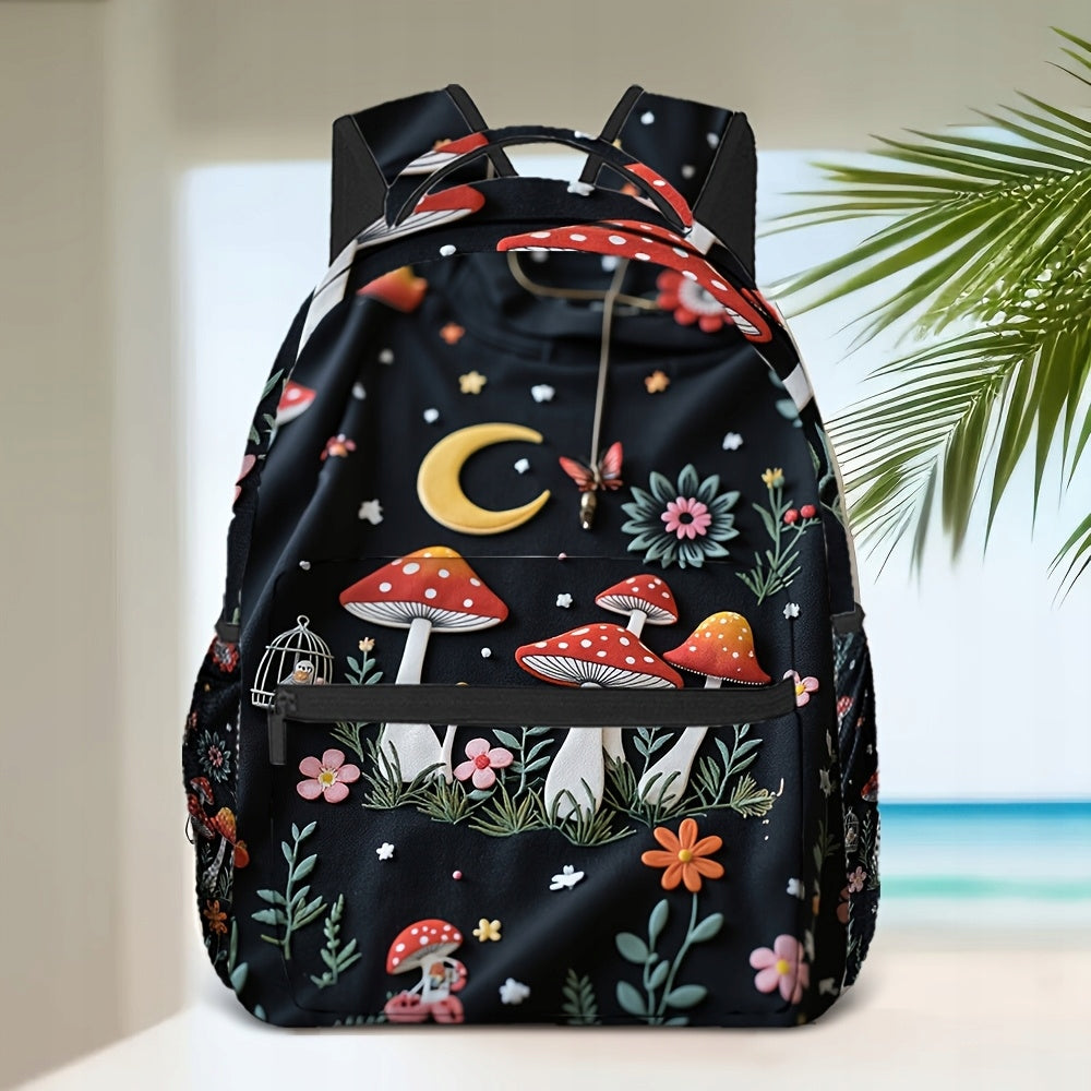 Backpack for Work, Shopping, and Travel with Mushroom and Floral Print