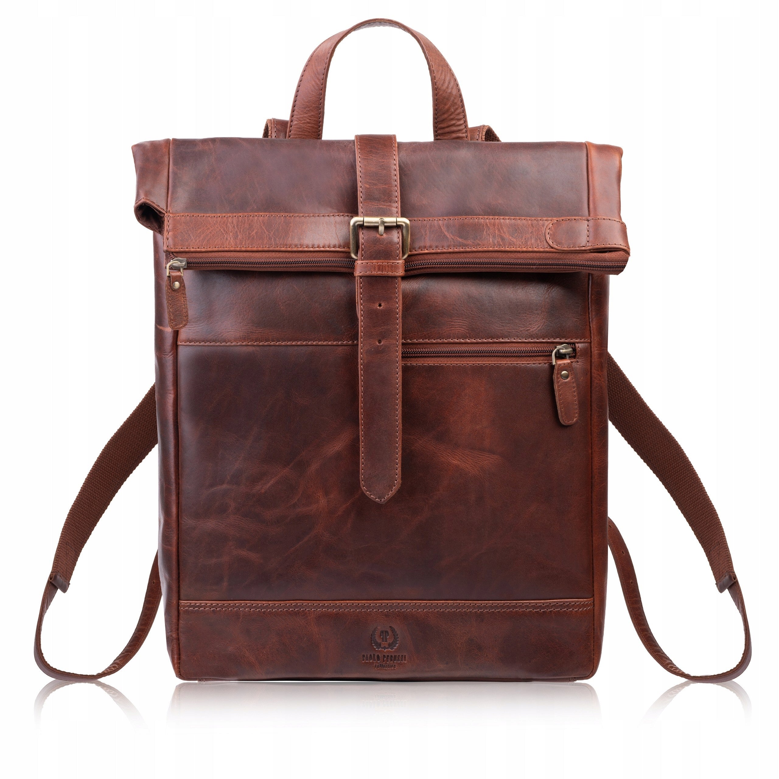 Backpack roll top vintage leather for laptop 15'6 urban cognac Paolo Peruzzi