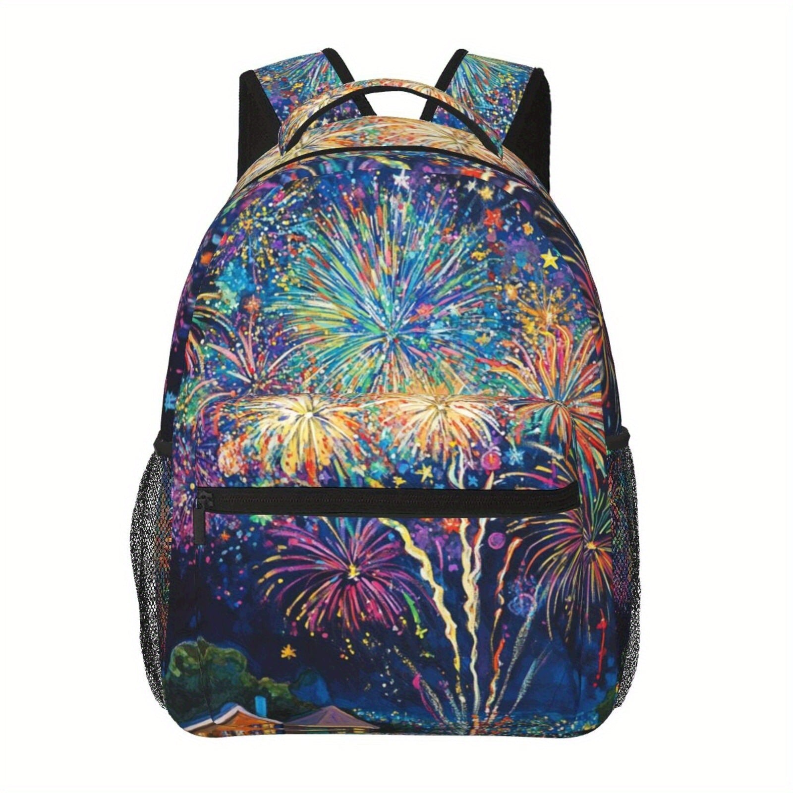 Backpack with Fireworks Print, Lightweight, Adjustable Strap, Back Waist Protection