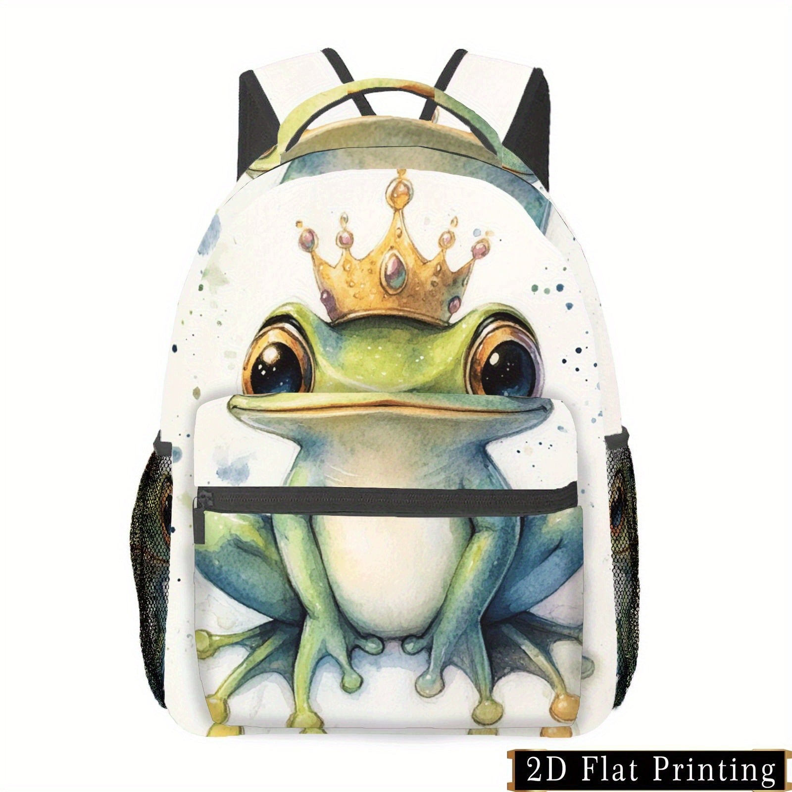 Backpack with Frog Print, Crown Detail, Adjustable Straps, Multiple Compartments, and Elastic Pockets