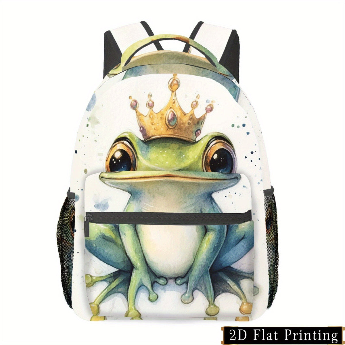 Backpack with Frog Print, Crown Detail, Adjustable Straps, Multiple Compartments, and Elastic Pockets