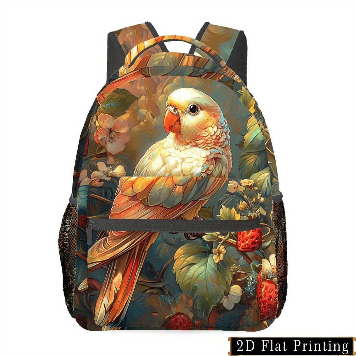 Backpack with Parrot Strawberry Print, Zipper, Floral Shoulder/Waist Protection